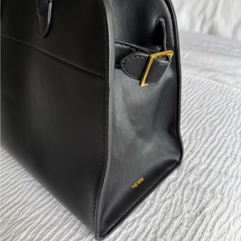 The Row Margaux Inspired Black Leather Drawstring Pouch with Gold Accents - Picture 4 of 14